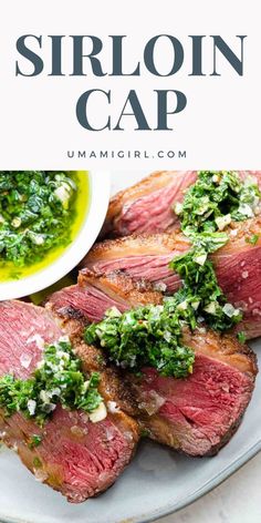 sliced steak on a plate with parsley garnish and green sauce in the background