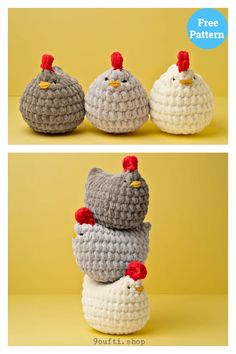 three crocheted chickens sitting on top of each other in front of a yellow background