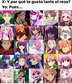 many different anime characters with pink hair and green eyes are shown in this collage