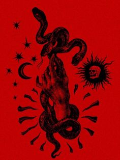 a drawing of a hand reaching for a snake on a red background with stars and sun