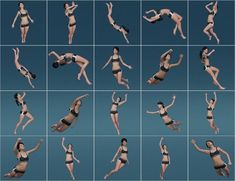 multiple images of a woman in bikinis doing various poses and posing for the camera