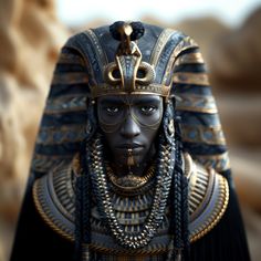 a statue of an egyptian man wearing gold and black clothing with braids on his head