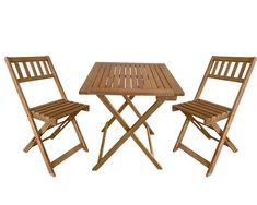 three wooden chairs and a table with one chair on the other side, set against a white background