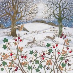 a painting of deer in the snow surrounded by trees and holly branches with berries on them