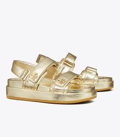 Kira Sport Sandal: Women's Designer Sandals | Tory Burch Luxury Gold Sandals With Cushioned Footbed, Metallic Leather Sandals With Cushioned Footbed, Designer Sandals Flat, Flat Platform Sandals, Miller Sandal, Sandals Flat, Sport Sandals, Footwear Design Women, Designer Sandals