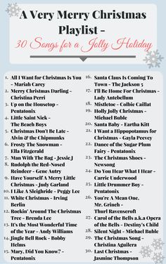 a very merry christmas playlist with the words, 30 songs for a jolly holiday