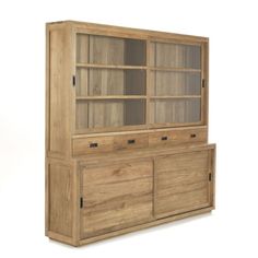 a wooden cabinet with glass doors on the front and bottom shelves, against a white background