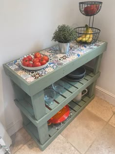 a kitchen island with plates and bowls on it