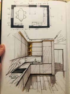 a drawing of a kitchen in someone's hand, with the floor plan drawn