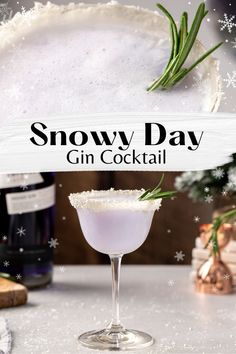 a snow day gin cocktail with rosemary garnish on the rim and text overlay