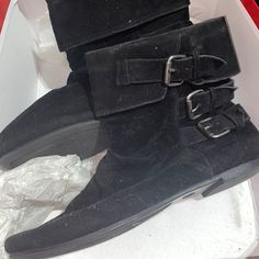 Never Worn But In Slightly Used Condition From Storage Size 6 Black Low Cut Suede Boots With Buckles Winter Boots / Peter Pan Boots / Pirate Boots Black Suede Mid-calf Casual Boots, Casual Black Suede Mid-calf Boots, Boots Pirate, Boots With Buckles, Pirate Boots, Suede Boots, Peter Pan, Winter Boots, Low Cut