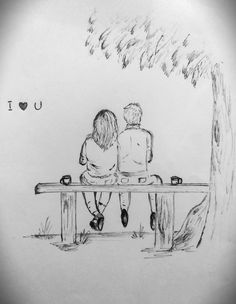 two people sitting on a bench under a tree with the words i love you written above them