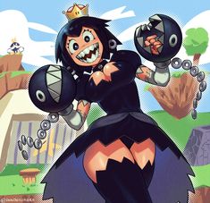 a cartoon character is wearing a black dress and holding two metal objects in her hands