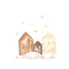 watercolor painting of three houses in the snow with gold stars above them on a white background