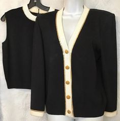 St John Evening Top And Cardigan Black Knit Gold And White Pyette Trim Size Med | eBay Fitted V-neck Sweater For Formal Occasions, Formal Fitted V-neck Sweater, Elegant Black Sweater Vest For Fall, Elegant Black Knit Sweater Vest, Elegant Fitted Black Sweater Vest, V-neck Evening Cardigan For Fall, Black V-neck Sweater For Formal Occasions, Fitted V-neck Cardigan For Evening, Luxury Gold Elegant Cardigan