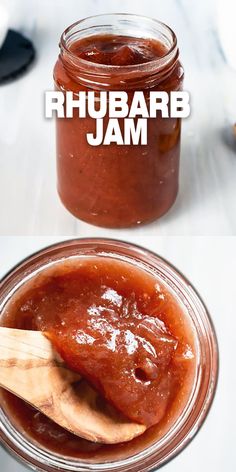 a jar filled with jam next to a wooden spoon on top of a white table