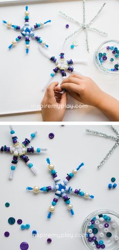 two pictures show how to make beaded snowflakes with beads and other materials