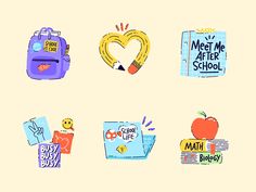 the back to school stickers are arranged in different shapes and sizes, including an apple