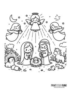 Nativity Colouring Printables, Christmas Coloring Pages Free Printable Nativity, Christmas Religious Coloring Pages, Christmas Kids Coloring Pages, Christmas Color Pages For Kids, Christmas Bible Activities For Kids, Christmas Colouring Pages For Kids, Simple Nativity Drawing, Jesus Activities For Kids