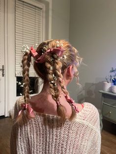 Looped Pigtail Braids, Cool Pigtail Hairstyles, Milkmaid Braid With Ribbon, Fancy Braid Tutorial, Braided Pigtails With Bangs, Braids With Ribbon Bows, Wedding Pigtails, Hairstyles With Pink Accessories, Braided Hairstyles With Bows