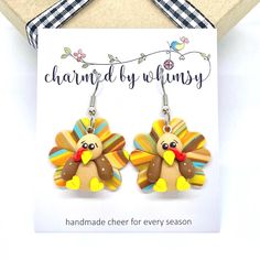 Thanksgiving Turkey Dangle Earrings with Stainless Steel French Wire Earrings are approximately 1" long.  Free gift box included.  Ready to ship. Clay Designs, French Wire Earrings, Clay Design, French Wire, Thanksgiving Turkey, Etsy Earrings Dangle, Wire Earrings, Cute Earrings, Custom Items