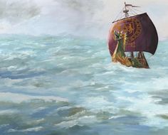 a painting of a boat in the middle of water with an eagle on it's side