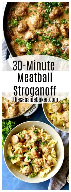 the recipe for 30 minute meatball stroganoni is shown in two bowls