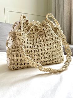 Flowers Crochet Bag, Natural Raffia Tote Bag, Boho Crochet Shoulder Bag, Women's Knitted Purse, Daisy Summer Large Bag Knitted Purse, Raffia Tote Bag, Knit Purse, Diy Crochet Bag, Flowers Crochet, Crochet Shoulder Bag, Boho Crochet, Large Bag, Diy Crochet