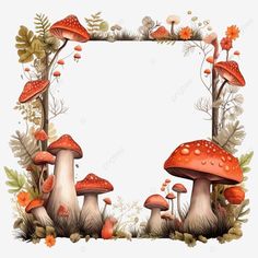 a group of mushrooms with leaves and flowers around them, frame, illustration png and psd