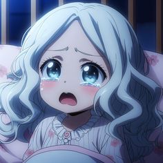 an anime character with blue eyes and white hair laying in bed looking at the camera