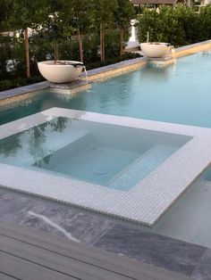 an empty swimming pool with two white bowls on the side and trees in the background