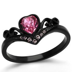 Pink Heart Rings, Crystal Engagement Rings, Crystal Fashion, Heart Fashion, Heart Shaped Rings, Stainless Steel Ring, Vintage Engagement, Black Stainless Steel, Stainless Steel Rings