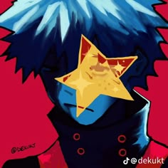 an anime character with blue hair and a star on his face, in front of a red background