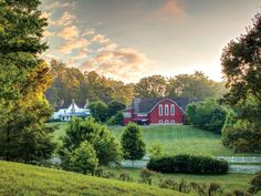 a large red barn sitting on top of a lush green field next to a forest