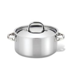 a stainless steel pot with two handles on the bottom and an open lid, sitting in front of a white background