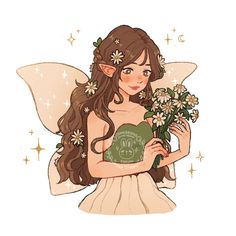 a fairy holding flowers and a heart shaped box