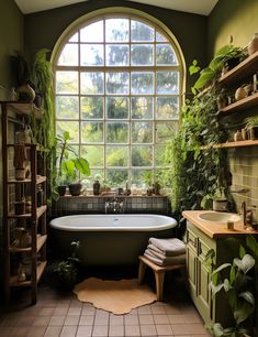 Earthy green bathroom with large windows and decorative plants, reflecting grid-based design and quirky pottery accents. Quirky Pottery, Earthy Bathroom, Wild Growth, Cozy Bathroom, Earthy Home, Natural Bathroom, Green Bathroom, Dream Apartment