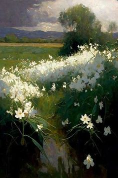 an oil painting of white flowers in a green field with trees and clouds behind it