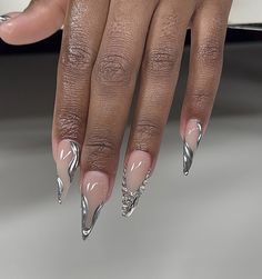 Solar Nails, Long Almond Nails, Matric Dance, Sassy Nails, Almond Nails Designs, Silver Nails, Birthday Nails