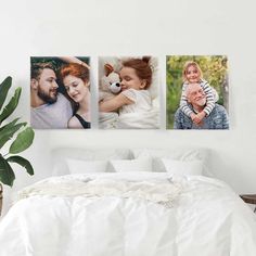 three pictures of people hanging on the wall above a bed