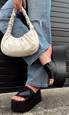 Trendy and easy to wear, wide band mule platform sandals! 3 inch platform Chunky Platform Sandals Outfit, Platform Sandals Outfit, Chunky Platform Sandals, Double Dutch, Sandals Outfit, Chanel Espadrille, Chunky Platform, Black 7, Wide Bands