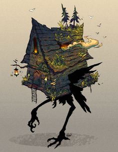 a drawing of a bird with a house on it's back