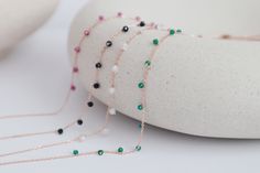 **Free Shipping on Orders over $35 Dainty gemstones on rose gold plated sterling silver chain Green - Green Quartz Stones Pink - Ruby Stones Black - Black Spinel Gemstones White - Clear Nano Cubic Stones -Chain - 925 Sterling Silver Plated with Rose Gold -Length: 14.5"~15.5" with 1" extender -Closure: Spring Ring Clasp Rose Gold Gemstone Necklaces For Party, Rose Gold Gemstone Necklace For Party, Gold Necklace Delicate, Pink Ruby, Spinel Gemstone, Ruby Stone, Green Quartz, Black Spinel, Rose Gold Necklace