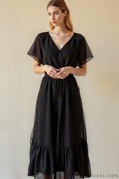 Elegant Black Midi Dress with Ruffled Hemline and Wrap Front Ethereal Elegance, Black Dresses Casual, Black Midi, Flutter Sleeves, Black Midi Dress, Ruffle Hem, Flutter Sleeve, Elegant Dresses, Midi Length