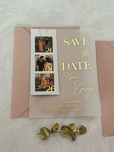 save the date card with two photos on it next to some gold leafy decorations