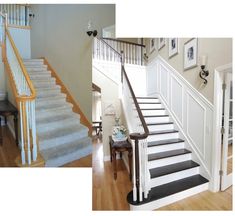 there are two pictures of stairs in this house and one is white with brown trim