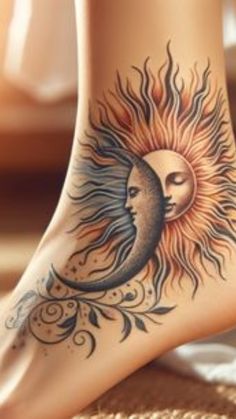 a woman's foot with a sun and moon tattoo on it