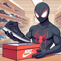 a spider - man is sitting in front of a shoe box