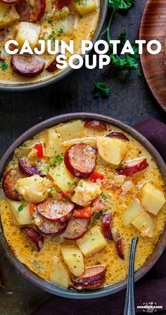 two bowls of cajun potato soup on a table