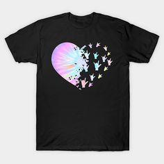 a black t - shirt with pink and blue butterflies in the shape of a heart